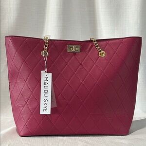 Malibu Skye Fuchsia Quilted Tote with Gold Accents